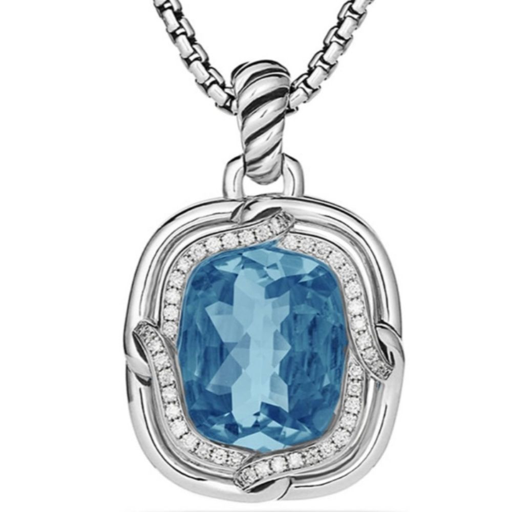 David Yurman Blue Topaz Diamond Sterling Silver 14 Karat Gold Labyrinth Necklace